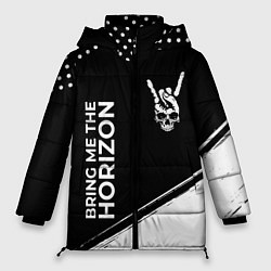 Куртка зимняя женская Bring Me the Horizon и рок символ на темном фоне, цвет: 3D-черный
