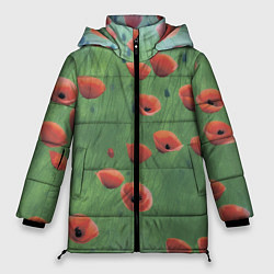 Куртка зимняя женская Красные маки в поле, цвет: 3D-черный