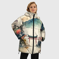 Куртка зимняя женская Японский пейзаж - акварель, цвет: 3D-красный — фото 2