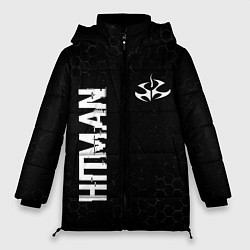Женская зимняя куртка Hitman glitch на темном фоне: надпись, символ