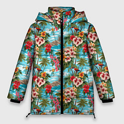 Куртка зимняя женская Разноцветные гавайские цветы, цвет: 3D-красный