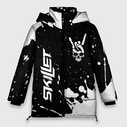 Куртка зимняя женская Skillet и рок символ на темном фоне, цвет: 3D-черный