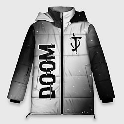 Женская зимняя куртка Doom glitch на светлом фоне: надпись, символ