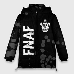 Женская зимняя куртка FNAF glitch на темном фоне: надпись, символ