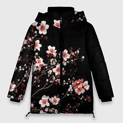 Куртка зимняя женская Цветущая сакура - белые и красные, цвет: 3D-черный
