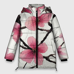 Куртка зимняя женская Цветы и ветви японской сакуры - текстура холста, цвет: 3D-черный