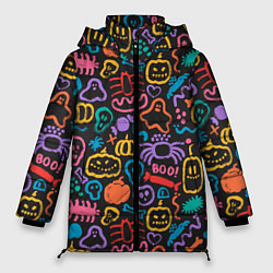 Куртка зимняя женская Halloween colorful pumpkins, ghosts, spiders, цвет: 3D-черный
