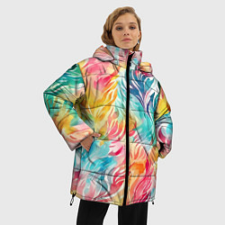 Куртка зимняя женская Акварельные листья паттерн, цвет: 3D-красный — фото 2