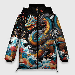 Куртка зимняя женская Дракон на волнах в японском стиле арт, цвет: 3D-черный