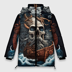 Куртка зимняя женская Тату ирезуми черепа пирата на корабле в шторм, цвет: 3D-черный