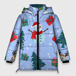 Женская зимняя куртка Снеговики с новогодними подарками паттерн