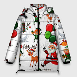 Куртка зимняя женская Зимний праздник - деды морозы гномы олени, цвет: 3D-красный