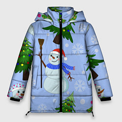 Женская зимняя куртка Снеговики с новогодними елками паттерн