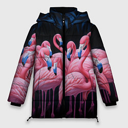 Куртка зимняя женская Стая розовых фламинго в темноте, цвет: 3D-черный