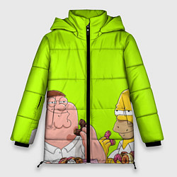 Куртка зимняя женская Питер и Гомер едят пончики зеленый, цвет: 3D-черный