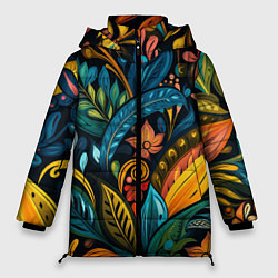 Куртка зимняя женская Растительный узор в бразильском стиле, цвет: 3D-черный