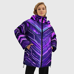 Куртка зимняя женская Фиолетовые неон полосы киберпанк, цвет: 3D-светло-серый — фото 2
