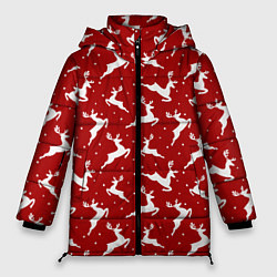 Женская зимняя куртка Красный паттерн с новогодними оленями