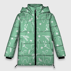 Куртка зимняя женская Зеленый рождественский узор с оленями, цвет: 3D-черный