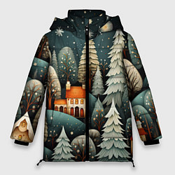 Куртка зимняя женская Ночной снегопад в лесу, цвет: 3D-красный