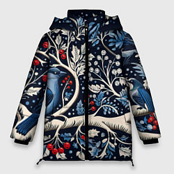 Куртка зимняя женская Новогодние снегири на ветках, цвет: 3D-светло-серый