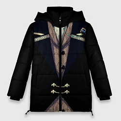 Куртка зимняя женская Фрак тёмный с цепочками и брошью, цвет: 3D-черный