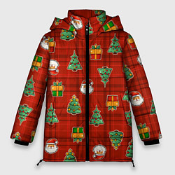 Куртка зимняя женская Елочки и Санта - паттерн красная клетка, цвет: 3D-красный