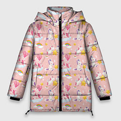 Куртка зимняя женская Единороги паттерн праздник, цвет: 3D-черный