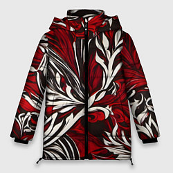 Куртка зимняя женская Красно белый узор на чёрном фоне, цвет: 3D-красный