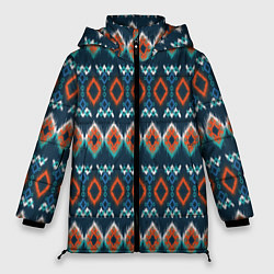 Куртка зимняя женская Орнамент икат синий оранжевый, цвет: 3D-красный
