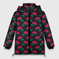 Куртка зимняя женская Темный паттерн с розовыми цветами, цвет: 3D-черный
