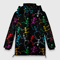 Куртка зимняя женская Разноцветные танцующие скелетики, цвет: 3D-красный
