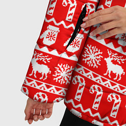 Куртка зимняя женская Новогодний узор с оленями и снежинками, цвет: 3D-красный — фото 2