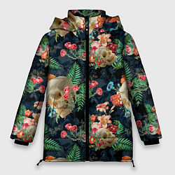 Куртка зимняя женская Узор из черепов с цветами и листьями, цвет: 3D-черный