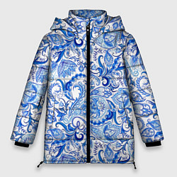 Куртка зимняя женская Гжельская роспись на белом фоне, цвет: 3D-светло-серый