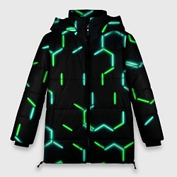 Куртка зимняя женская Зеленые неоновые неполные гексагоны, цвет: 3D-черный