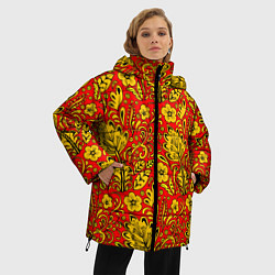 Куртка зимняя женская Хохломская роспись золотистые цветы на красном фон, цвет: 3D-красный — фото 2