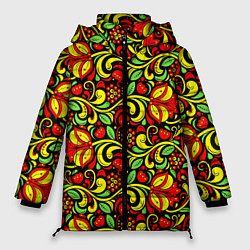 Женская зимняя куртка Хохломская роспись красные цветы и ягоды