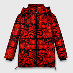 Женская зимняя куртка Хохломская роспись красные цветы и ягоды на чёрном