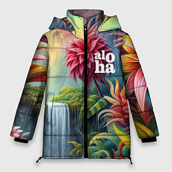 Куртка зимняя женская Гавайские тропические цветы - алоха, цвет: 3D-черный