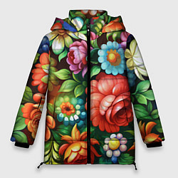 Женская зимняя куртка Жостово роспись цветы традиционный узор