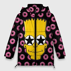 Куртка зимняя женская Барт Симпсон на фоне пончиков, цвет: 3D-черный