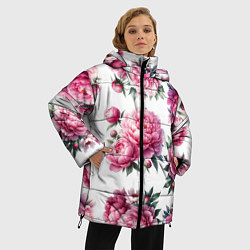 Куртка зимняя женская Розовые цветы пиона, цвет: 3D-красный — фото 2