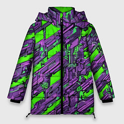 Куртка зимняя женская Фиолетовые фрагменты на зелёном фоне, цвет: 3D-черный