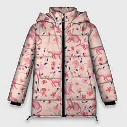Куртка зимняя женская Розовый паттерн с цветами и котиками, цвет: 3D-светло-серый