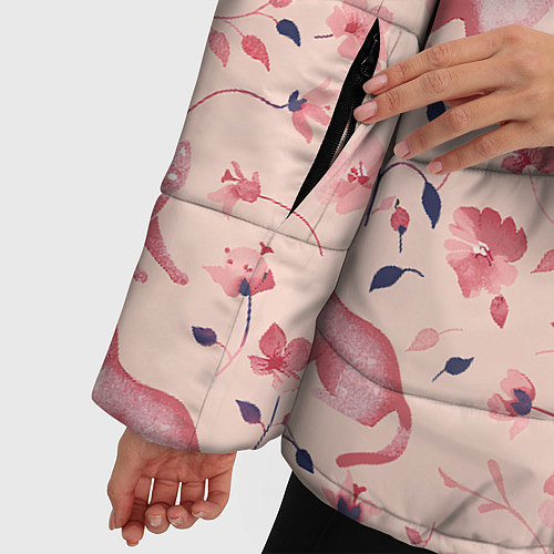 Женская зимняя куртка Розовый паттерн с цветами и котиками / 3D-Красный – фото 5