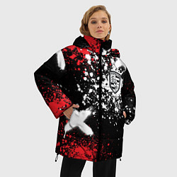 Куртка зимняя женская Логотип Порше на фоне граффити и брызг красок, цвет: 3D-черный — фото 2