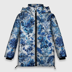 Куртка зимняя женская Цветочный сине-голубой узор, цвет: 3D-черный
