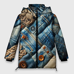 Женская зимняя куртка Джинсовый пэчворк с пуговицами - мода