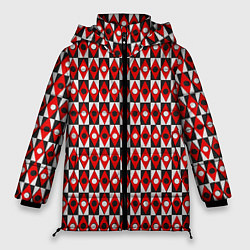 Куртка зимняя женская Чёрно-белые ромбы и круги на красном фоне, цвет: 3D-черный